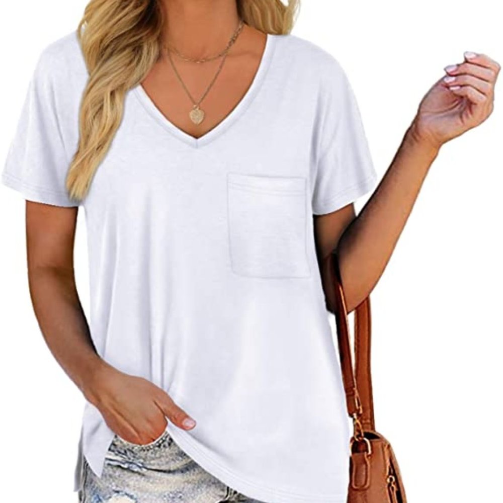 WOMEN'S V-NECK SHORT SLEEVE SHIRT SUMMER TEE TOP